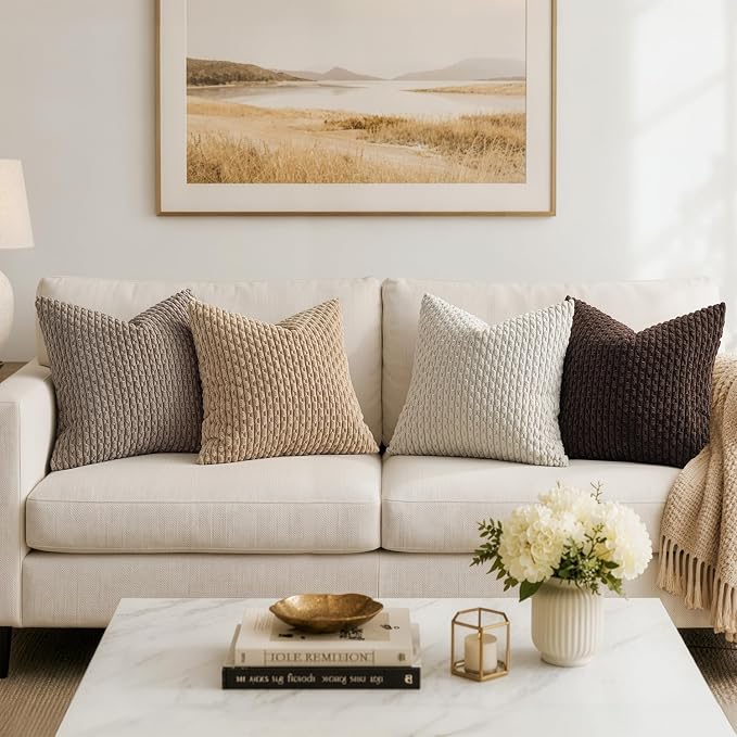 MIULEE Decorative Throw Pillow Covers 18x18 Neutral Tan Textured Corduroy | Pack of 2 Striped Pillow Covers Modern Farmhouse Fall Home Decor for Couch Bed Sofa Living Room