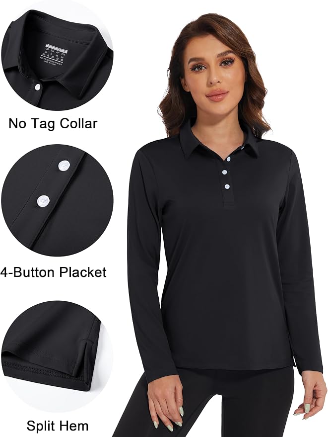 MAGCOMSEN Long Sleeve Polo Shirts for Women Golf Tops with Collar Work | UPF 50+ Sun Protection, 4 Buttons, Moisture Wicking, Breathable, 4-Way Stretch, Collared, Quick Dry, Active, Casual, Tennis