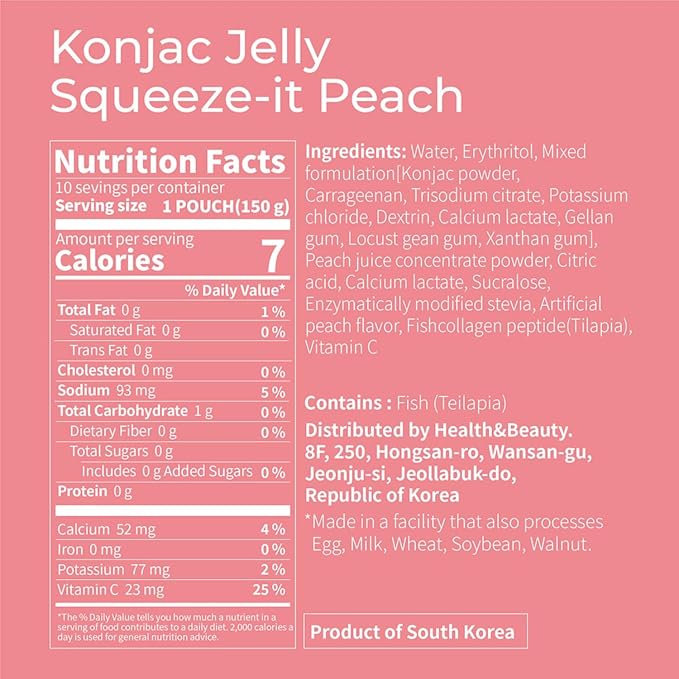 Korean Food Konjac Jelly, Peach Flavor, Zero Sugar, Fish Collagen, 10 Pack | Chewy konjac jelly with peach flavor in convenient single-serve pouches
