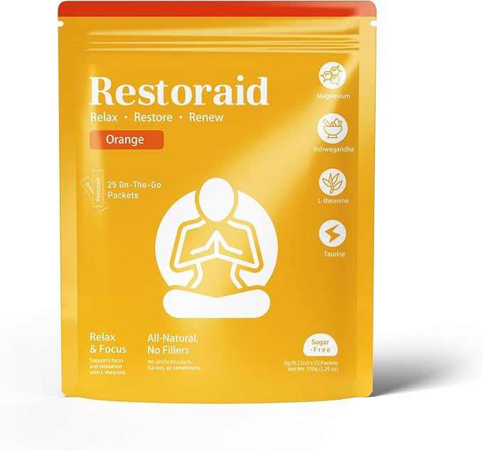 Restoraid Relaxation Drink Mix – 25 Packets | Magnesium, L-Theanine, Ashwagandha, Taurine, Glycine | Calming & Relaxing Supplement (Orange)