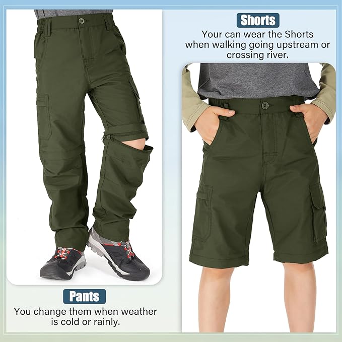 linlon Kids' Cargo Pants, Boy's Casual Outdoor Quick Dry Waterproof Hiking Climbing Convertible Trousers #9016