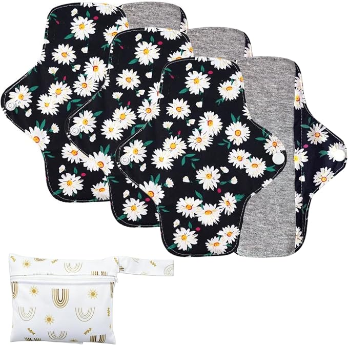 Washable Menstrual Pads,Reusable Incontinence Pads,Panty Liners Pads,Period Pads Sanitary Napkins,with 1 Storage Bag,for Women Postpartum/Incontinence Patients(Graphene Blue flower/M/6pcs)