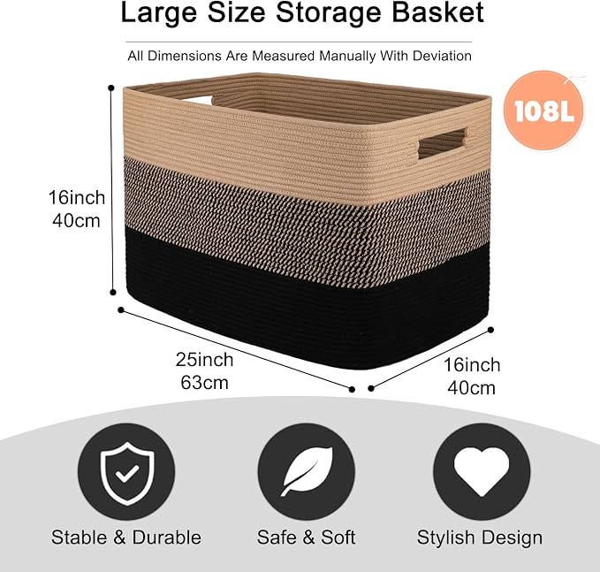 OIAHOMY 108L Super Large Blanket Basket, 25”x16”x16” Rectangle Woven Baskets for Storage, Cotton Rope Basket For Living Room, Toy Storage with Handle- Yellow and Black