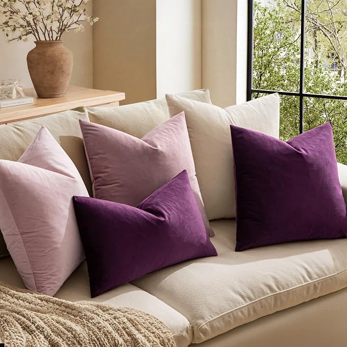 MIULEE 24x24 Inch Pack of 2 Euro Velvet Throw Pillow Covers Eggplant Purple | Soft Solid Decorative Euro Sham, Modern Luxury Home Decor, for King Bed Sofa Couch Bedroom Livingroom