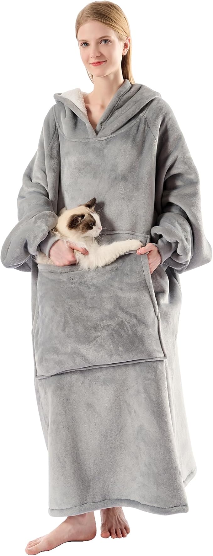 Krifey Big & Tall Wearable Blanket Hoodie with Cat Pocket, Extra Long Oversized Fleece Blanket for Adults, Cozy Birthday Gifts, Christmas Gifts