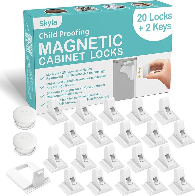 SKYLA HOMES Magnetic Cabinet Locks Baby Proofing Child Safety - The Safest Quickest and Easiest Multi-Purpose 3M Adhesive Child Proof Latches, No Screws or Tools Needed (20 Pack)