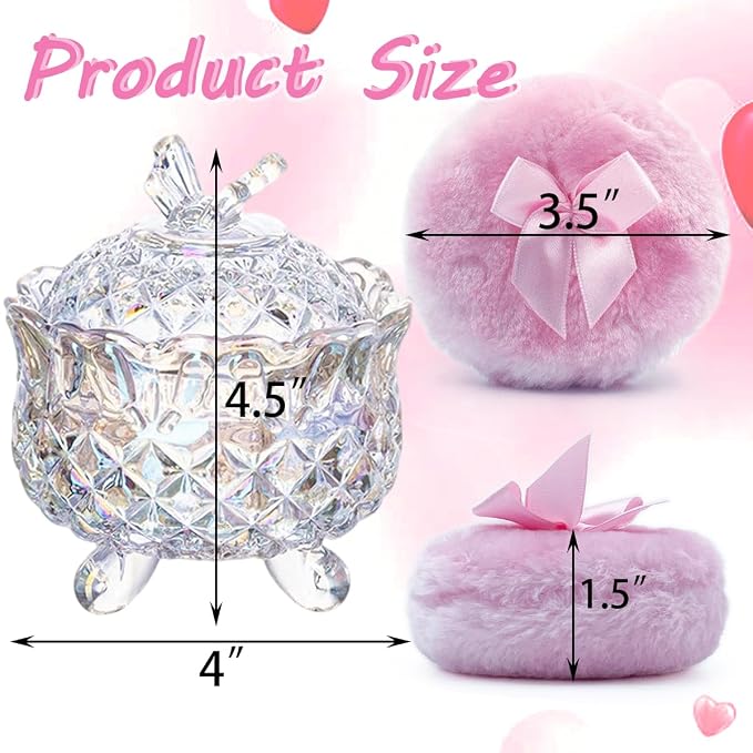 4" Glass Dusting Powder Container with 2 Fluffy Puffs,Cute 3.5" Soft Body Powder Puff and Jar Set(Butterfly-dazzling color)