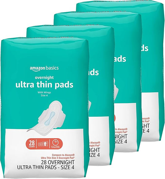 Amazon Basics Overnight Feminine Period Pads for Women, Ultra Thin with Flexi-Wings, Unscented, Size 4, 112 Count (4 Packs of 28)