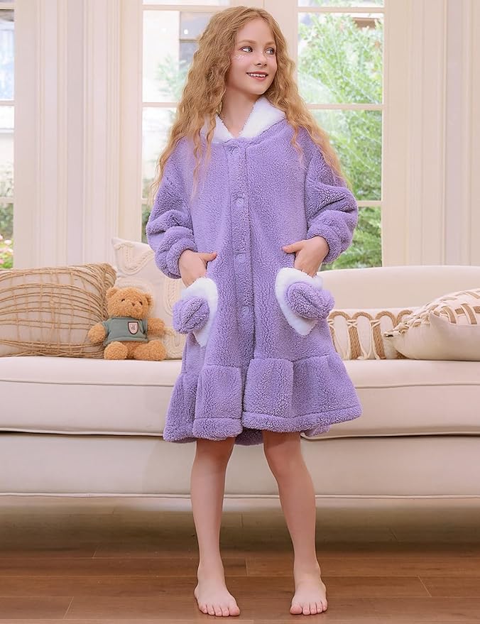 Girls Bathrobes Coral Fleece Button Down Hooded Robes Cute Rabbit Ears Bath Robe Fuzzy Warm Soft Sleepwear