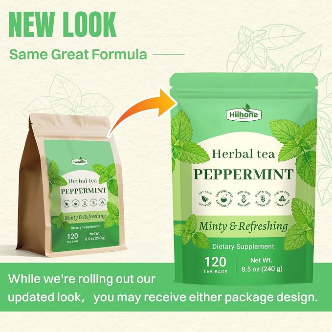Hiihone Peppermint Tea Bags 120 Count – Pure Peppermint Mint Tea, Caffeine-Free Herbal Tea, Cooling & Refreshing, Non-GMO, Soothing, Supports Digestion & Fresh Breath, Hot or Iced