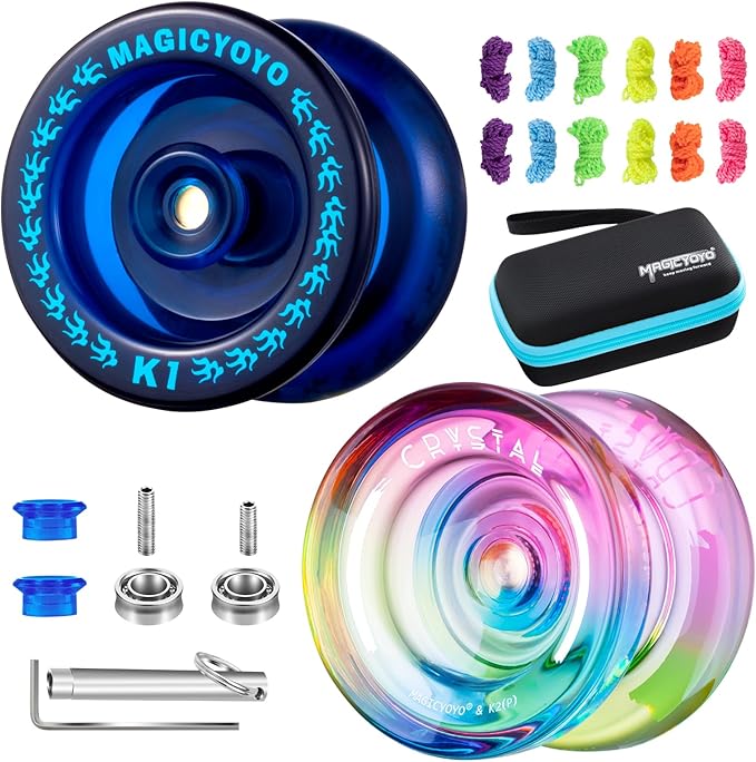 MAGICYOYO Responsive Yoyos for Beginner, Plastic Dual Purpose Pro Yo yo 2 Pack Gradient Yo-Yo K2 + Kids Yoyo K1 with 12 Yo-yo Strings, Yoyo Case + Accessories Kit (K2 Gradient + K1 Dark Blue)