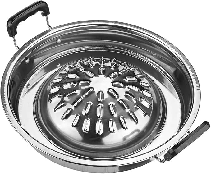RSBFER Korean BBQ Grill Pan, Aluminum Stovetop Round Barbecue Grill Plate, Basket Steamer Cookware Kitchen Cooking Tools,30cm