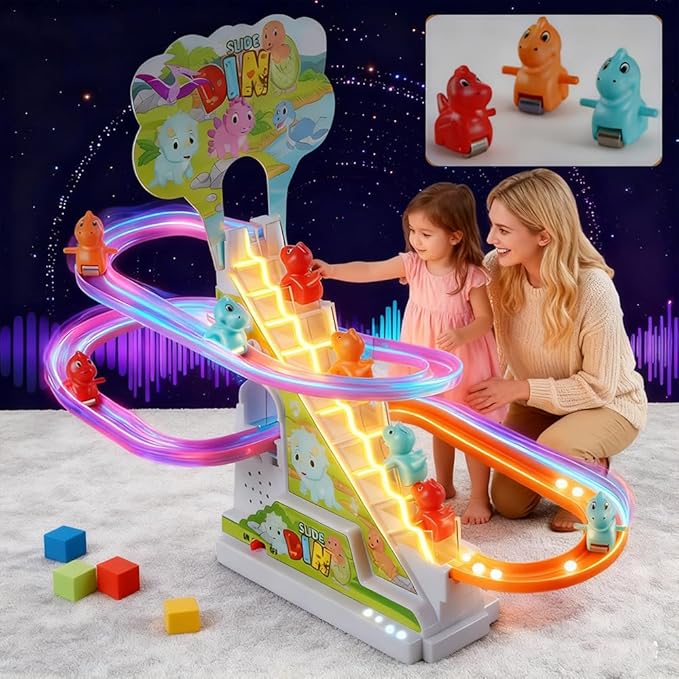 Dinosaur Climbing Toy Set Electric Light Slide Climbing Toys for Automatic Stairs,Playful Santa Race Game Christmas Roller Climbing Toys with LED Light and Music for Toddlers Boys Girls
