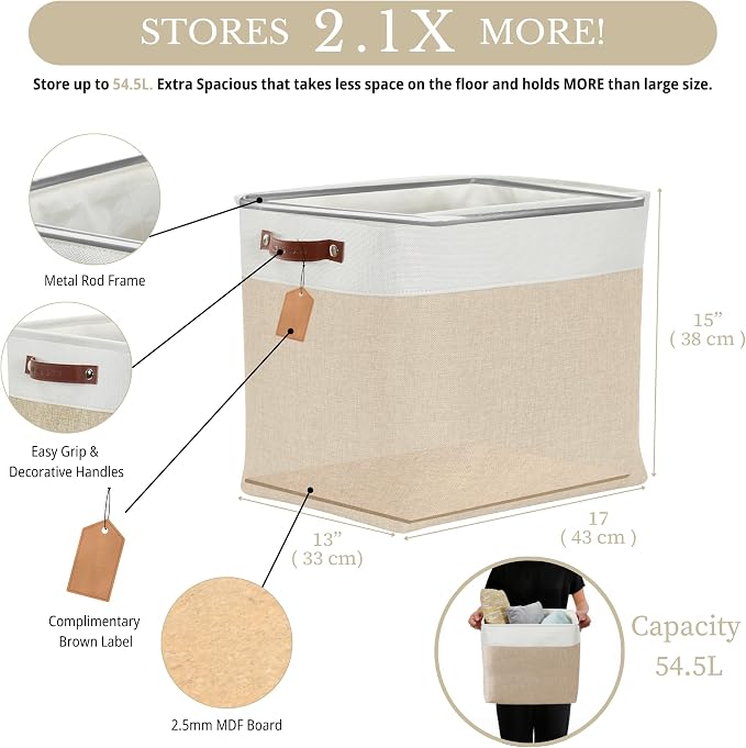 DECOMOMO Extra Large Storage Baskets, 54.5L Fabric Storage Bins 3 Pack | XXXL Storage Baskets for Shelves, Linen Closet Organizers (Beige & White, 17" x 13" x 15")