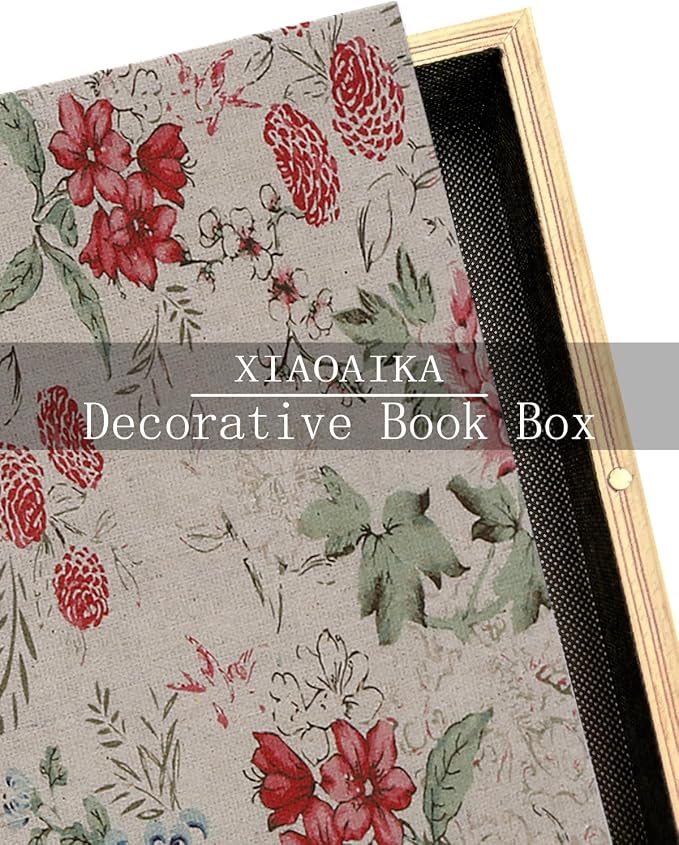 Decorative Wooden Book Box - Vintage Faux Book Boxes for Home Decor, Secret Storage with Magnetic Closure, Antique Style, Floral Linen Cover, Perfect for Home Office Bookshelf, 10x7x1.6 Inches