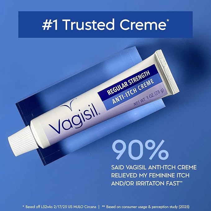 Vagisil Regular Strength Anti-Itch Feminine Cream for Women, Gynecologist Tested, Hypoallergenic, Fast-acting and Long-lasting Itch Relief, Vaginal Moisturizer Soothes and Cools, 1 oz (Pack of 2)