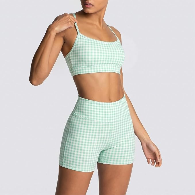 ABOCIW Workout Sets for Women 2 Piece Color Block Strappy Sports Bra High Waist Shorts Gym Yoga Pilates Outfits
