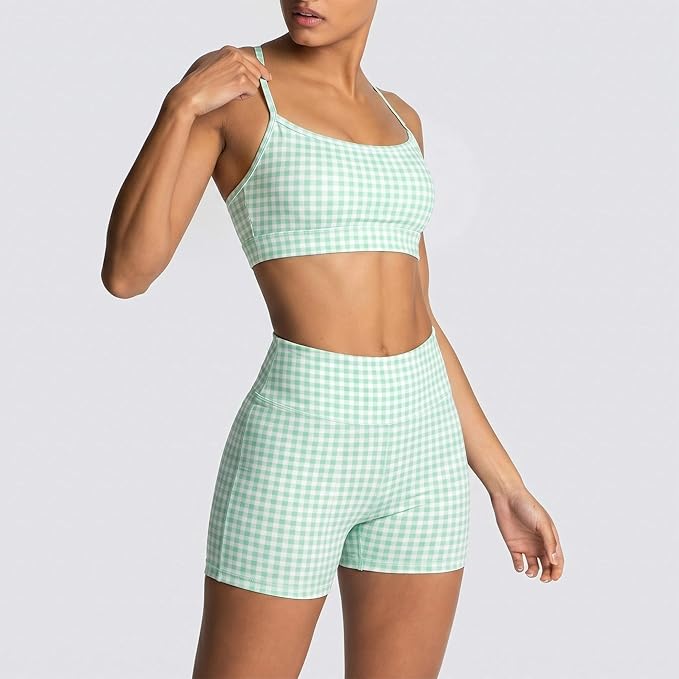 ABOCIW Workout Sets for Women 2 Piece Color Block Strappy Sports Bra High Waist Shorts Gym Yoga Pilates Outfits