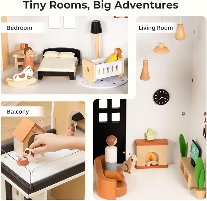OOOK Wooden Dollhouse, Modern Doll House with Garage and 60Pcs Luxurious Furniture Accessories, Including Dolls and Pet Sets, Wood Dollhouse Toy for Boys and Girls 3+