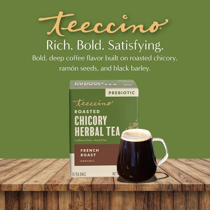 Teeccino French Roast Herbal Tea - Rich & Roasted Herbal Tea That’s Caffeine Free & Prebiotic for Natural Energy, Coffee Alternative, 10 Tea Bags