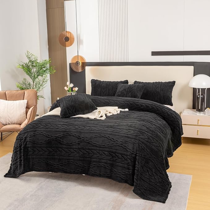 YUSOKI Sherpa Fleece Queen Size Blanket, Black, 90"x90" | 3D Stylish Design,320GSM, Non-Shedding, Lightweight for All Season Use, stays fluffy after repeated washes, Perfect Gifts