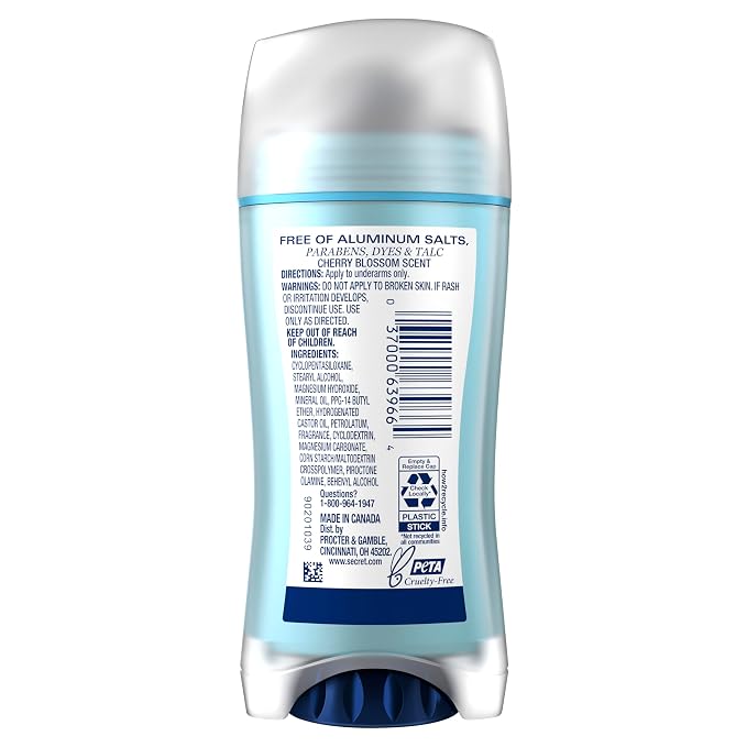 Secret Aluminum Free Deodorant for Women, 48hr Odor Protection, Free of Parabens Dyes Talc & Baking Soda, PH Balancing Minerals, Dry Solid, Cherry Blossom Scent, 2.4 oz (Pack Of 3)