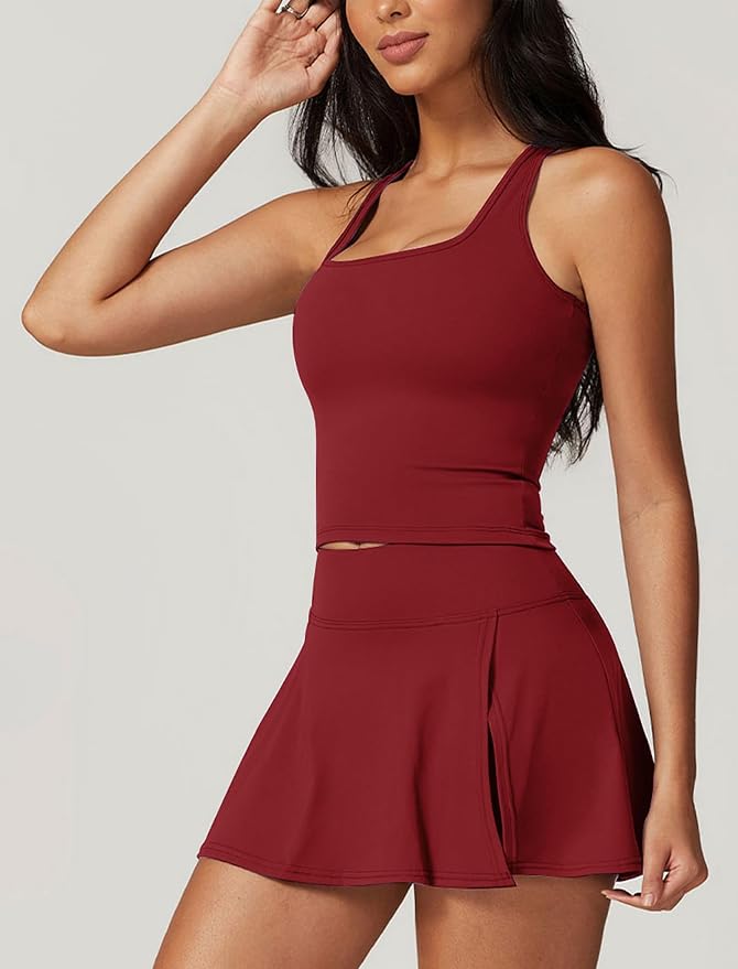 ABOCIW 2 Piece Tennis Dresses for Women Side Slit Mini Skirt Set Racerback Workout Crop Tank Top Golf Outfits