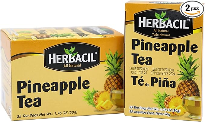 Herbacil Pineapple Tea, Herbal Blend with Dehydrated Pineapple Fruit, Caffeine-Free, All Natural, 2-Pack of 25 bags per box (50 Tea Bags), 1.76 oz Each