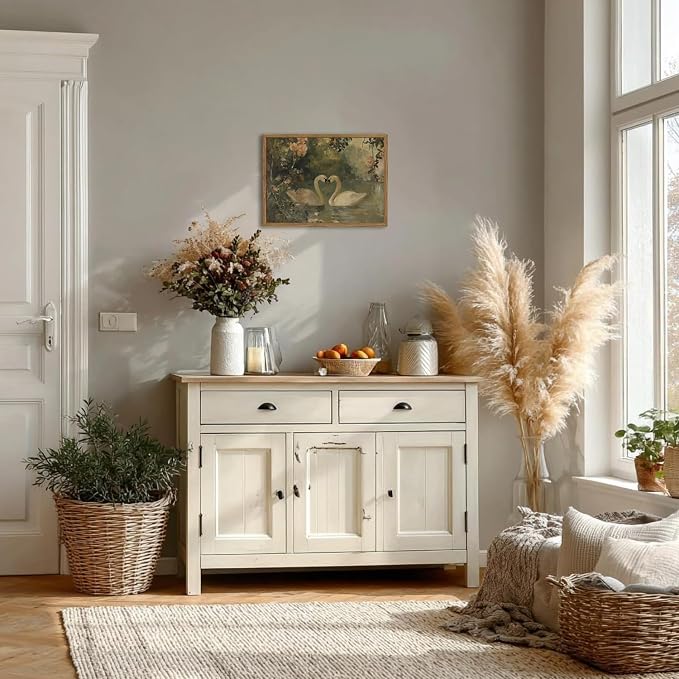 Framed Vintage Swan wall art, Rustic Romantic White Swan Pictures Wall Decor, Cottagecore Farmhouse Animal Paintings Canvas Prints Aesthetic Home Decor for Living Room Bedroom Bathroom 16x24inch