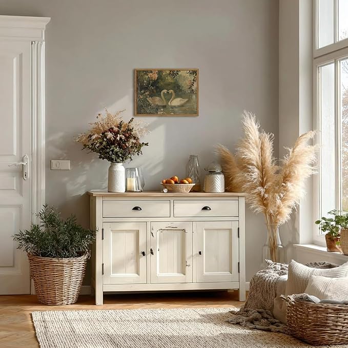 Framed Vintage Swan wall art, Rustic Romantic White Swan Pictures Wall Decor, Cottagecore Farmhouse Animal Paintings Canvas Prints Aesthetic Home Decor for Living Room Bedroom Bathroom 8x10 inch