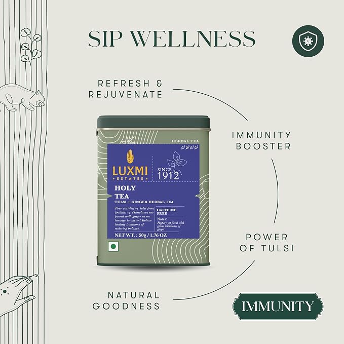 Luxmi Estates Holy Basil Tulsi Ginger Tea for Immunity | Loose Leaf 25 Cups (50g/1.76oz) | Caffeine Free | Non-GMO