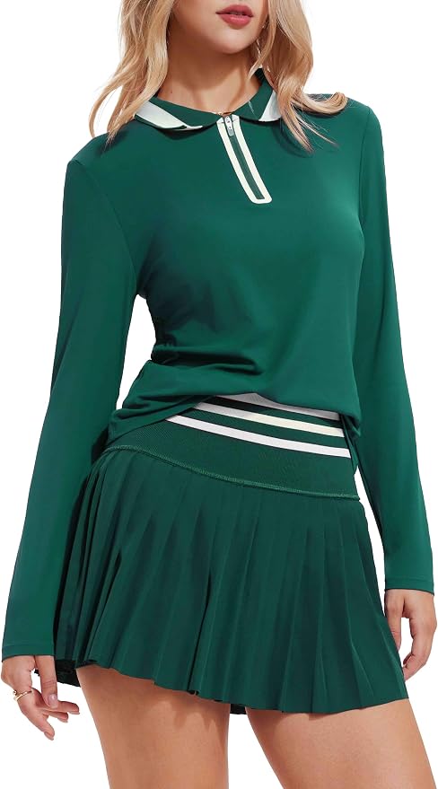 Tennis Skirt Sets for Women Zipper Color Block High Waisted Golf Polo Two Piece Skirt Set Women 2 Piece Outfits