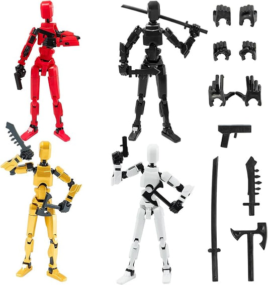 4PCS Titan 13 Action Figures Set Robot Fidget Toys for Kids, Lucky Dummy T Nova N 13 Action Stick Figure Sensory Toy for Boys, Multi Movable Joints Fidgets (Golden+Black+White+Red)