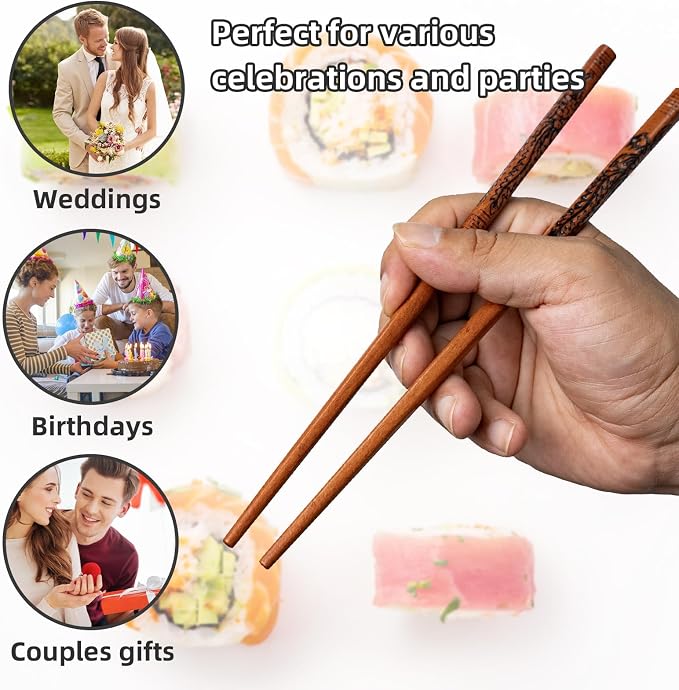 Wooden Chopsticks Set, Dragon Design, Hand-Carved, 2 Pairs | Non-slip grip & 9 inch; reusable tableware; for sushi, ramen, BBQ; great gifts for men, wedding, housewarming & holidays