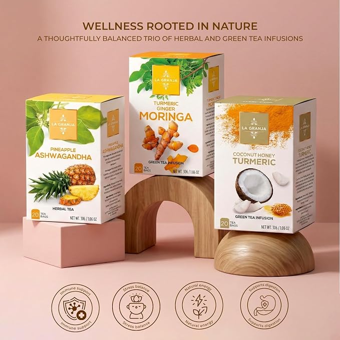 Life Plus Style Gourmet La Granja Variety Pack Assortment Natural 60 Tea Bags Coconut Honey Turmeric Ginger Moringa Green Tea Pineapple Ashwagandha Herbal Tea Set Samplers Gifts for Women