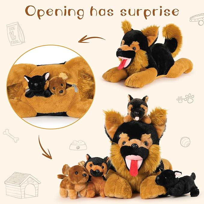 MaoGoLan 5 Giant German Shepherd Dog Plush Toys with 4 Babies, Realistic Soft and Cuddly Stuffed Dog Puppies for Kids, Puppy Lovers