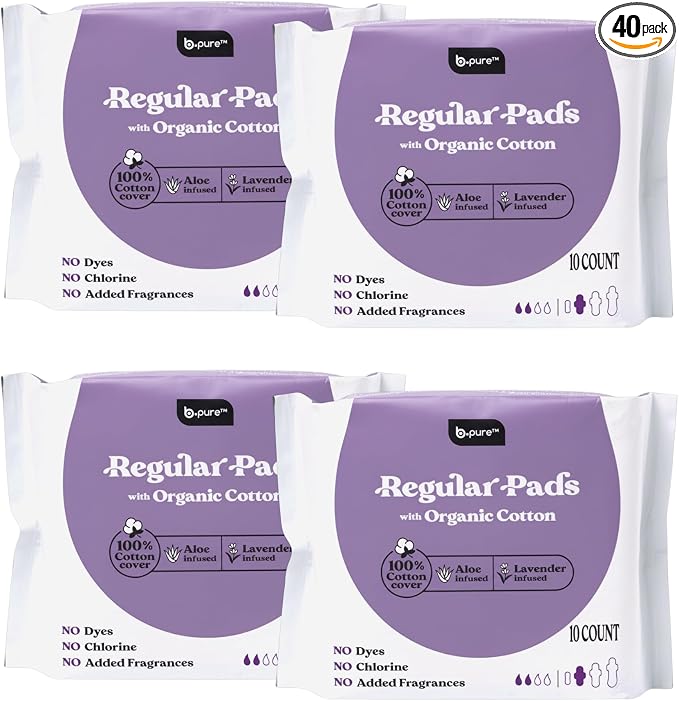 b.pure 100% Organic Cotton Regular Absorbency Herbal Feminine Pads with Wings | Chemical Free | Lavender & Aloe Infused | Regular Flow | 40-Count