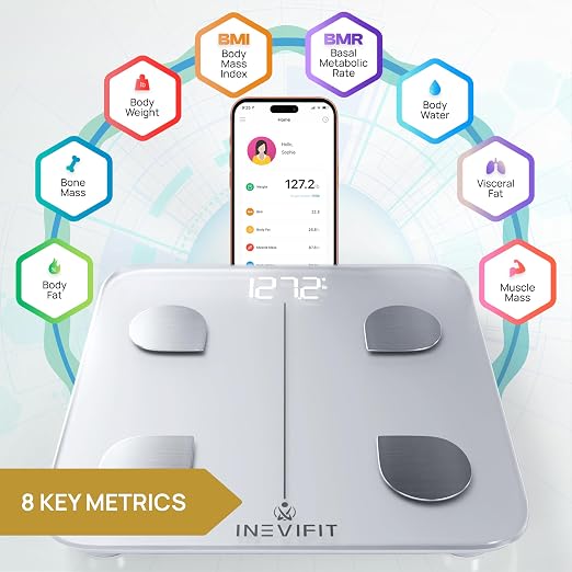 INEVIFIT Smart Body Fat Scale, Highly Accurate Bluetooth Digital Bathroom Body Composition Analyzer, Measures Weight, Body Fat, Water, Muscle, Visceral Fat & Bone Mass for Unlimited Users