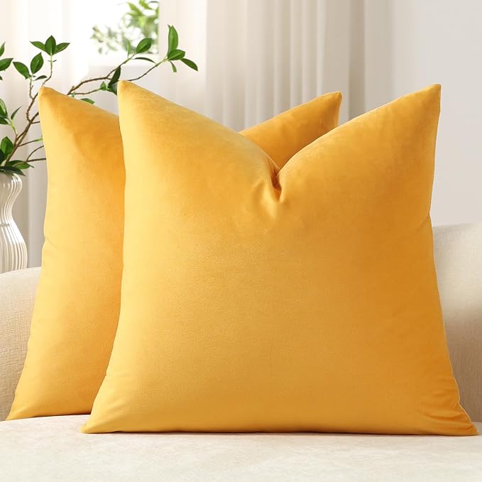 Euro Sham Covers 24x24 Gold Yellow: Pack of 2 Cozy Soft Velvet Square Modern Luxury Decorative Throw Pillow Cases for Sofa Couch Living Room Bed Home Decor