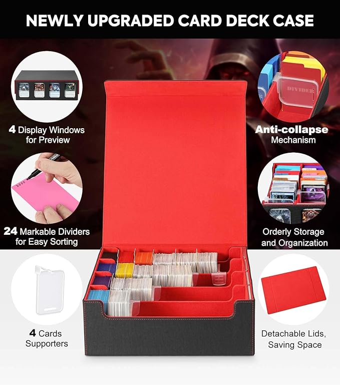 MoKo Card Storage Box for Trading Cards, 3000+ MTG Deck Box with 24 Colorful Dividers & 4 Card Supporters, Commander Card Deck Case with Display Window, Fits for Magic Game Cards, YugiOh, Black Red