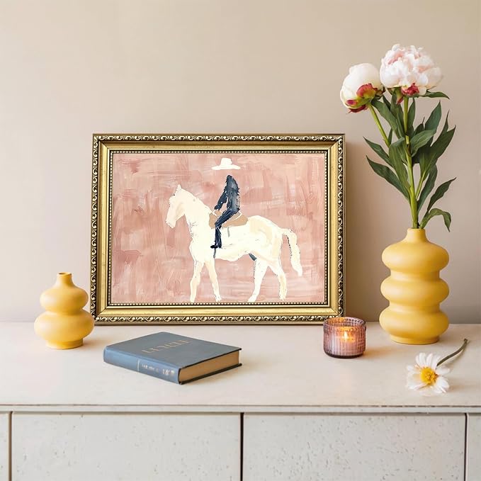 Gold Framed Western Cowboy Wall Art, Modern Abstract Cowboy on Horse Wall Decor Painting Vintage Southwestern Ranch Canvas Prints Picture for Farmhouse Living Room Bedroom 12x16 inch