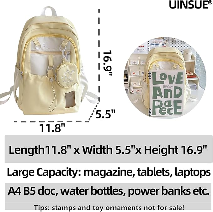 Kawaii Backpack Double Shoulder Bag with Cute Star Removable Pouch Small Clear Front Pocket Large Capacity Fits 16" Laptop Dopamine Colors Daypack (Yellow)