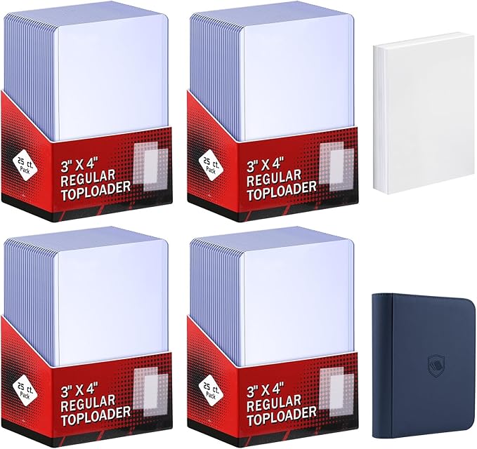 200 Card Sleeves Top Loaders for Cards Included 96 Pockets Top Loader Binder, 3" x 4" Baseball Card Protector Hard Plastic Card Holder for Sports Trading Cards (100 Toploaders + 100 Soft Sleeves)