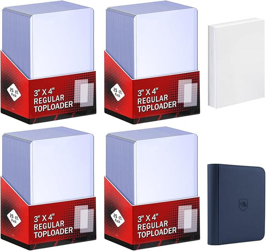 200 Card Sleeves Top Loaders for Cards Included 96 Pockets Top Loader Binder, 3" x 4" Baseball Card Protector Hard Plastic Card Holder for Sports Trading Cards (100 Toploaders + 100 Soft Sleeves)