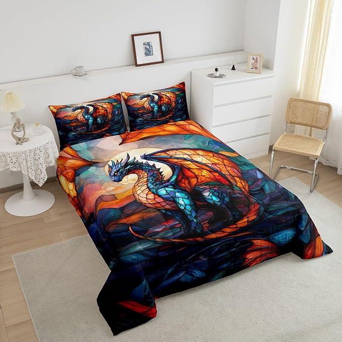 Feelyou Dragon Comforter Set Twin Size Dragon Stuff Comforter for Boys Girls Teens Wild Life Bedding Set Dragon Decor Duvet Set Room Decor Orange Blue Quilt Set