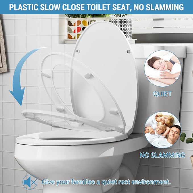 Elongated Toilet Seat Cover – PP Locking Hinge Toilet Seat with Flat Lid, White Slow Close Design for Standard Elongated Toilets, Durable & Easy to Clean