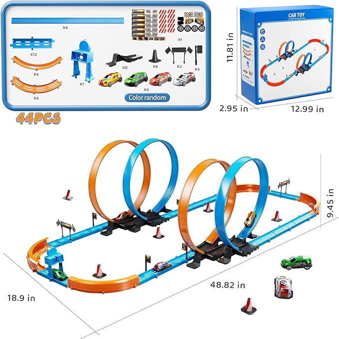 Toy Car Race Track Set for Boys Kids Age 3-5 4-7, Race Tracks with 4 Crash Zones and 1:64 Scale High-Speed Slot Cars, Christmas Halloween Birthday Gifts Toys for Toddlers Boys 4-8 8-12 Years