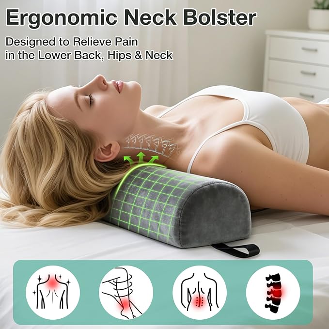 Half Round Neck Bolster for Massage Table, 17 x 6 x 4 in Velvet Half Moon Pillow for Sleeping Pain Relief Massage Table Leg Pillow w/Strap Handle, Machine Washable Knee Bolster for Massage Bed - Gray