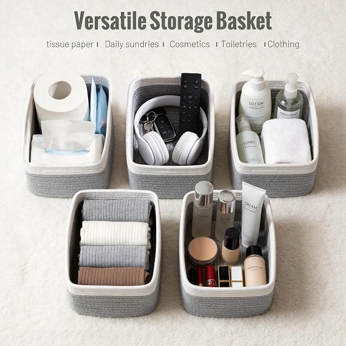 5 Pack Small Woven Storage Baskets for Shelves, Gift Baskets Empty | 11.8"x7.9"x4.7", Decorative Cotton Rope Baskets Organizer, Storage Bins for Organizing Bathroom, Closet, Nursery, Gray/White