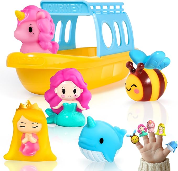 Oriate Mermaid Princess Finger Puppets Bath Toys(5 PCS) for Kids Toddlers 1-3 with Bath Boat, Baby Bathtub Shower Toys, Animal Whale Bee, Floating Water Beach Pool Toys